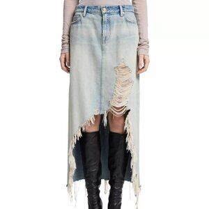 198$ 7 For All Mankind Faded Frayed Hem A-Line Denim Midi Skirts Size 28 Blue